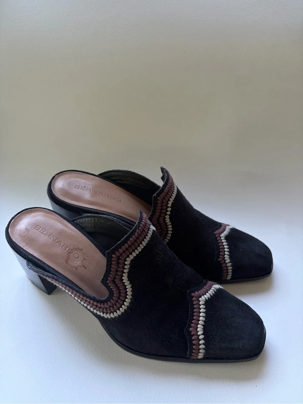 BERNARDO- Brooklyn Embroidered Suede Loafer Mules Black Size 8.5